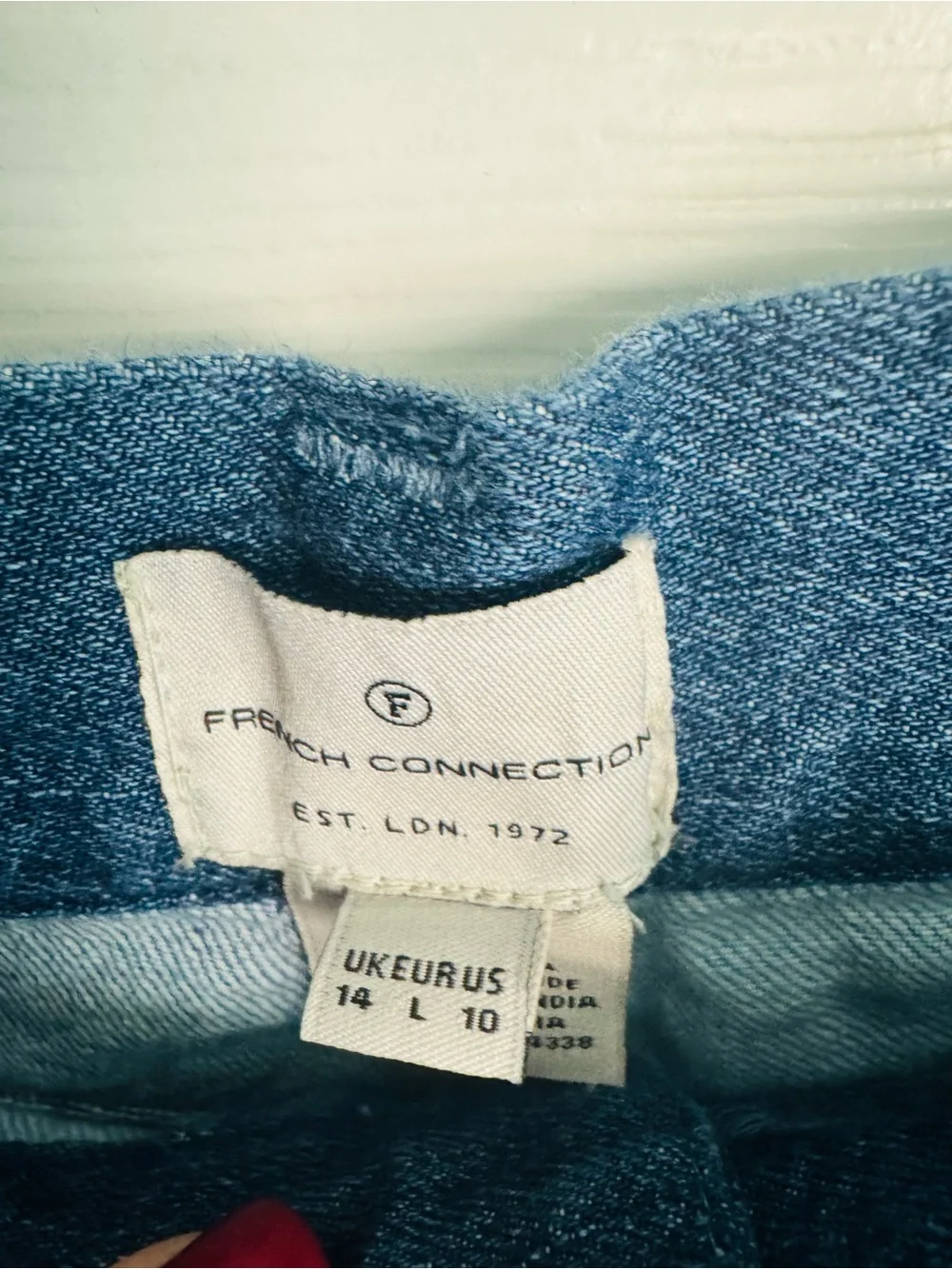 EUC French Connection Patchwork Light Dark Blue Straight Relaxed Jeans size 10